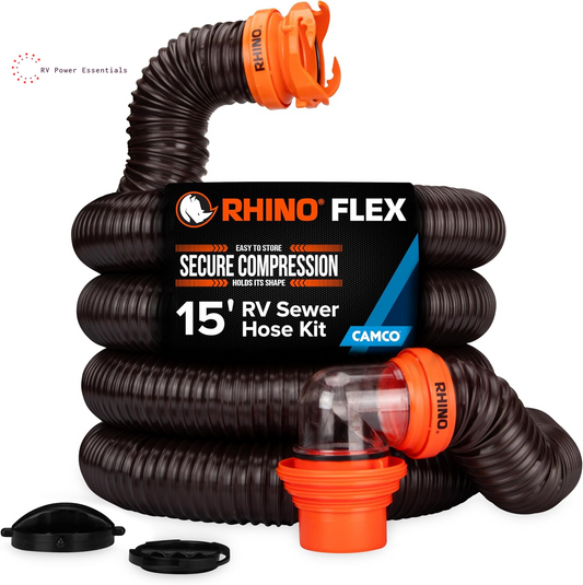 Camco RhinoFLEX 15-Foot RV Sewer Hose Kit with Clear Elbow & 4-in-1 Adapter – Heavy-Duty Flexible RV Dump Hose System