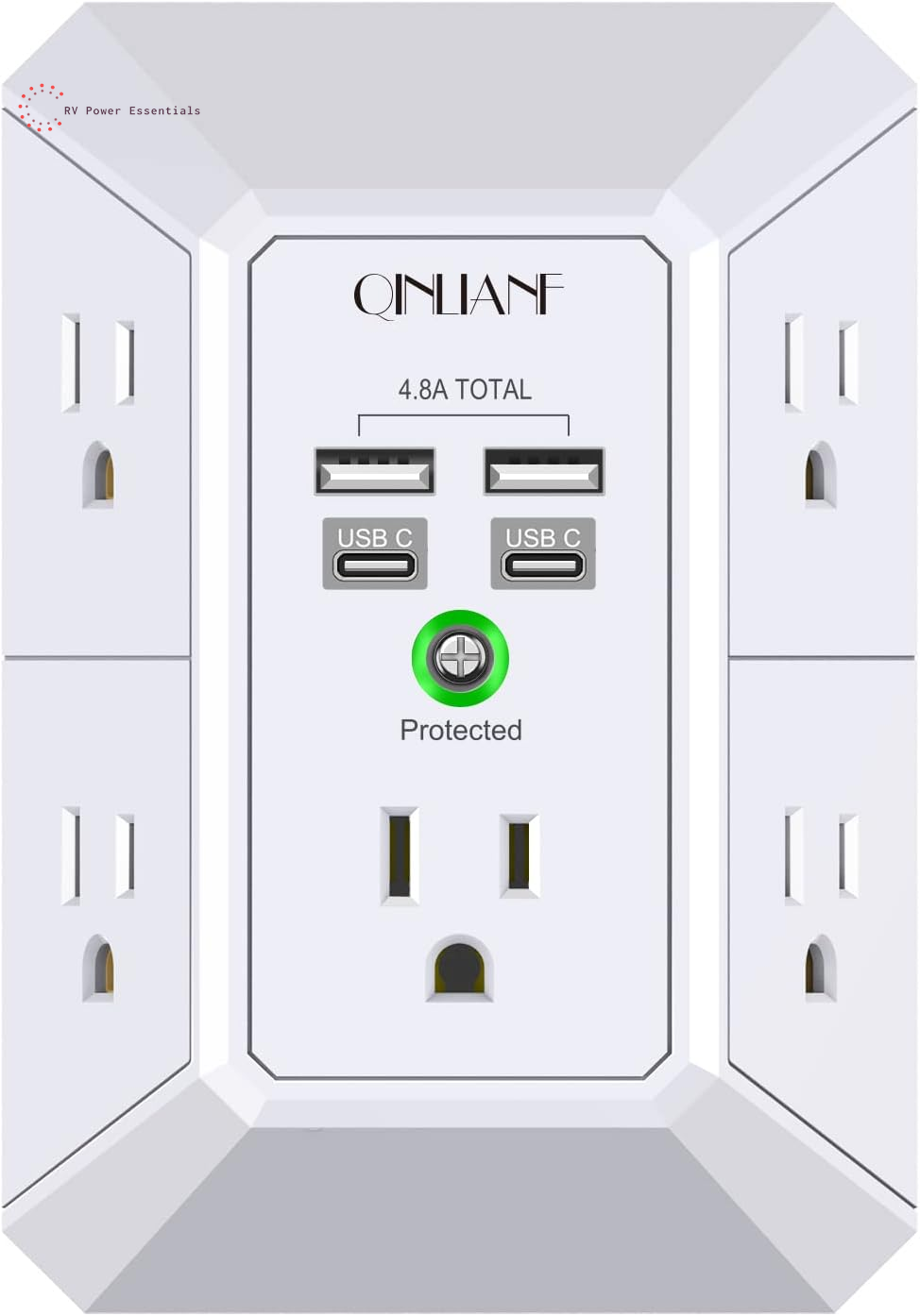 QINLIANF 5-Outlet Surge Protector with 4 USB Ports (4.8A Total), 3-Sided Power Strip, 1680J, Multi Plug Adapter for Home, Travel, Office (3U1C)