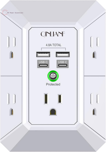QINLIANF 5-Outlet Surge Protector with 4 USB Ports (4.8A Total), 3-Sided Power Strip, 1680J, Multi Plug Adapter for Home, Travel, Office (3U1C)