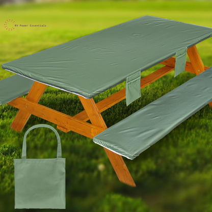 Fitted Waterproof Vinyl Picnic Table & Bench Cover Set – Elastic Edge, Spill-Proof, Easy-Clean Design | Perfect for RV Trips, Camping, Tailgates & Outdoor Adventures