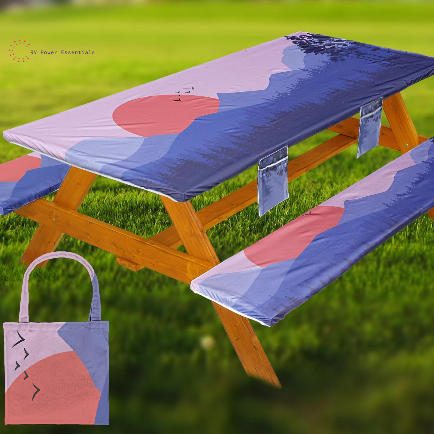 Fitted Waterproof Vinyl Picnic Table & Bench Cover Set – Elastic Edge, Spill-Proof, Easy-Clean Design | Perfect for RV Trips, Camping, Tailgates & Outdoor Adventures