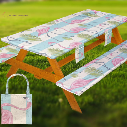 Fitted Waterproof Vinyl Picnic Table & Bench Cover Set – Elastic Edge, Spill-Proof, Easy-Clean Design | Perfect for RV Trips, Camping, Tailgates & Outdoor Adventures