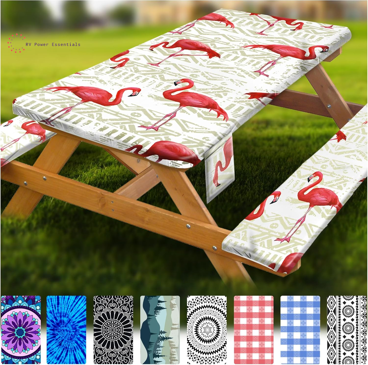 Fitted Waterproof Vinyl Picnic Table & Bench Cover Set – Elastic Edge, Spill-Proof, Easy-Clean Design | Perfect for RV Trips, Camping, Tailgates & Outdoor Adventures