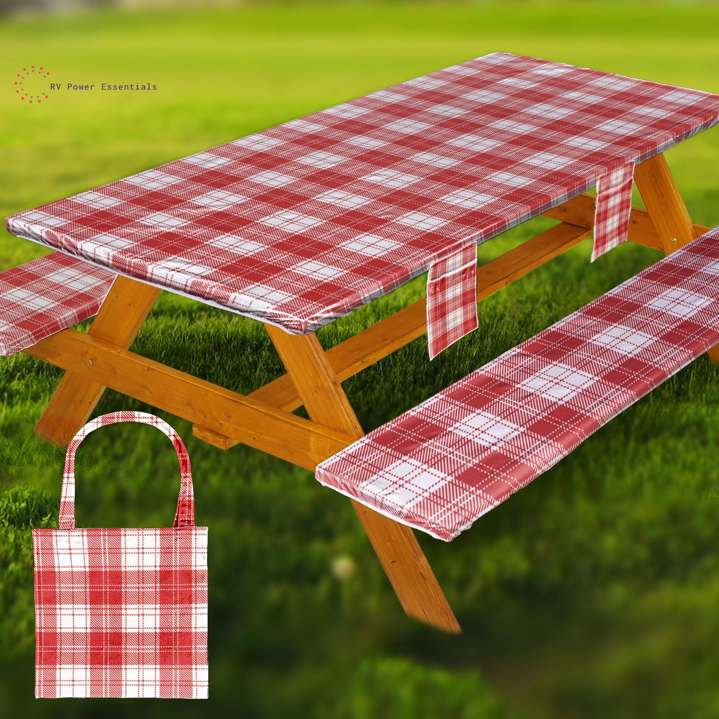 Fitted Waterproof Vinyl Picnic Table & Bench Cover Set – Elastic Edge, Spill-Proof, Easy-Clean Design | Perfect for RV Trips, Camping, Tailgates & Outdoor Adventures