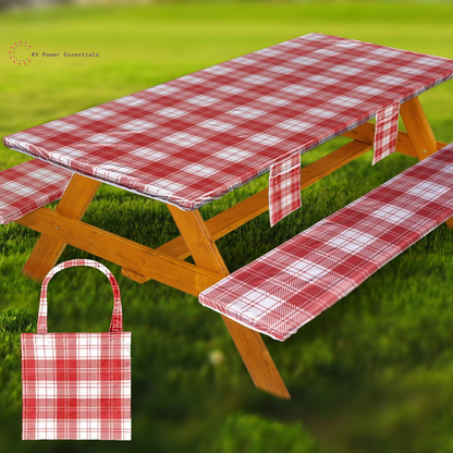 Fitted Waterproof Vinyl Picnic Table & Bench Cover Set – Elastic Edge, Spill-Proof, Easy-Clean Design | Perfect for RV Trips, Camping, Tailgates & Outdoor Adventures