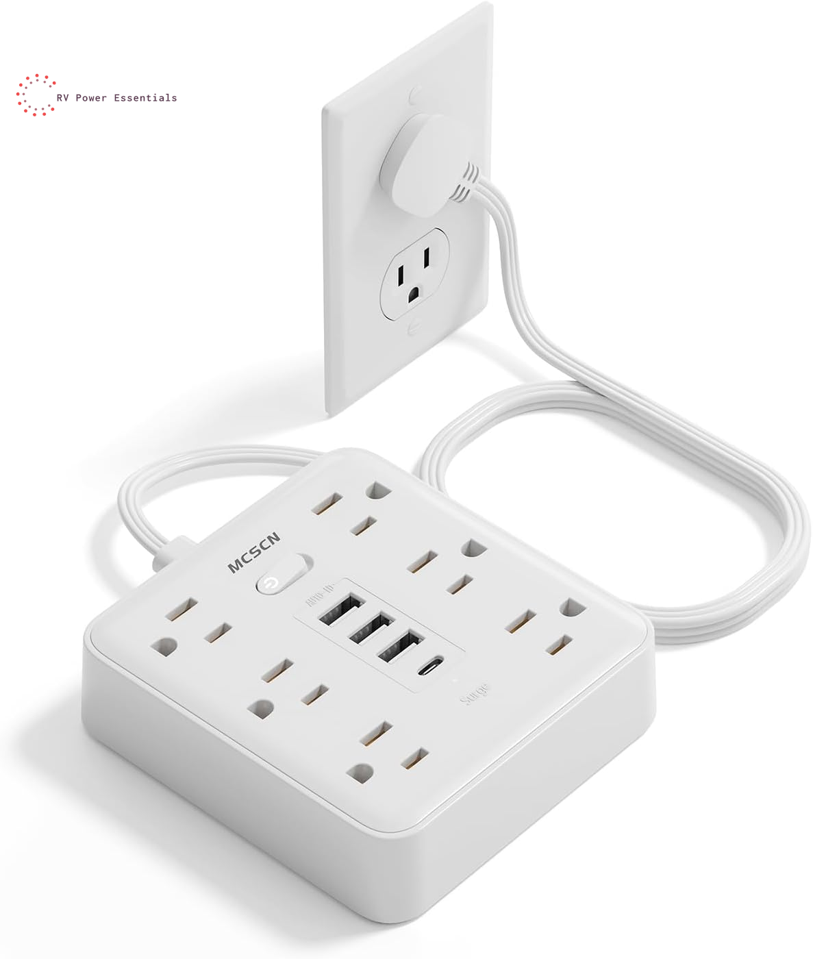 Portable Ultra Thin Flat Plug Surge Overload Protector Power Strip 5Ft Extension Cord with 6 AC Power Outlets 4 USB (1C) for Home Office Dorm Travel Essentials Fire and Reach 15A 1875W UL