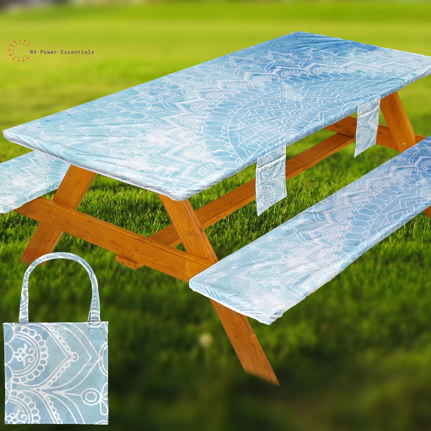 Fitted Waterproof Vinyl Picnic Table & Bench Cover Set – Elastic Edge, Spill-Proof, Easy-Clean Design | Perfect for RV Trips, Camping, Tailgates & Outdoor Adventures