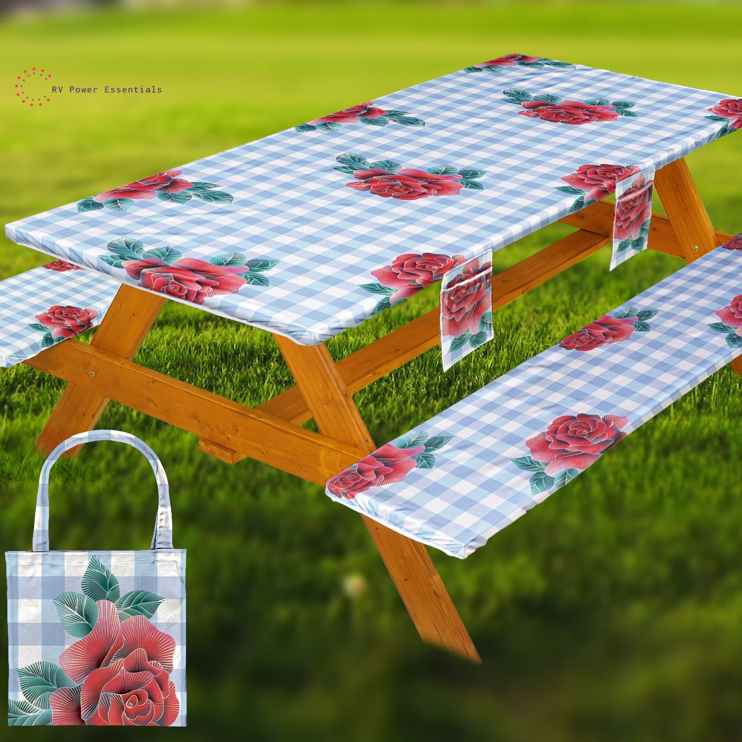 Fitted Waterproof Vinyl Picnic Table & Bench Cover Set – Elastic Edge, Spill-Proof, Easy-Clean Design | Perfect for RV Trips, Camping, Tailgates & Outdoor Adventures