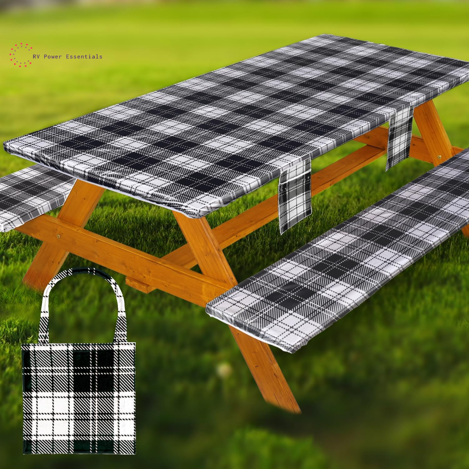 Fitted Waterproof Vinyl Picnic Table & Bench Cover Set – Elastic Edge, Spill-Proof, Easy-Clean Design | Perfect for RV Trips, Camping, Tailgates & Outdoor Adventures