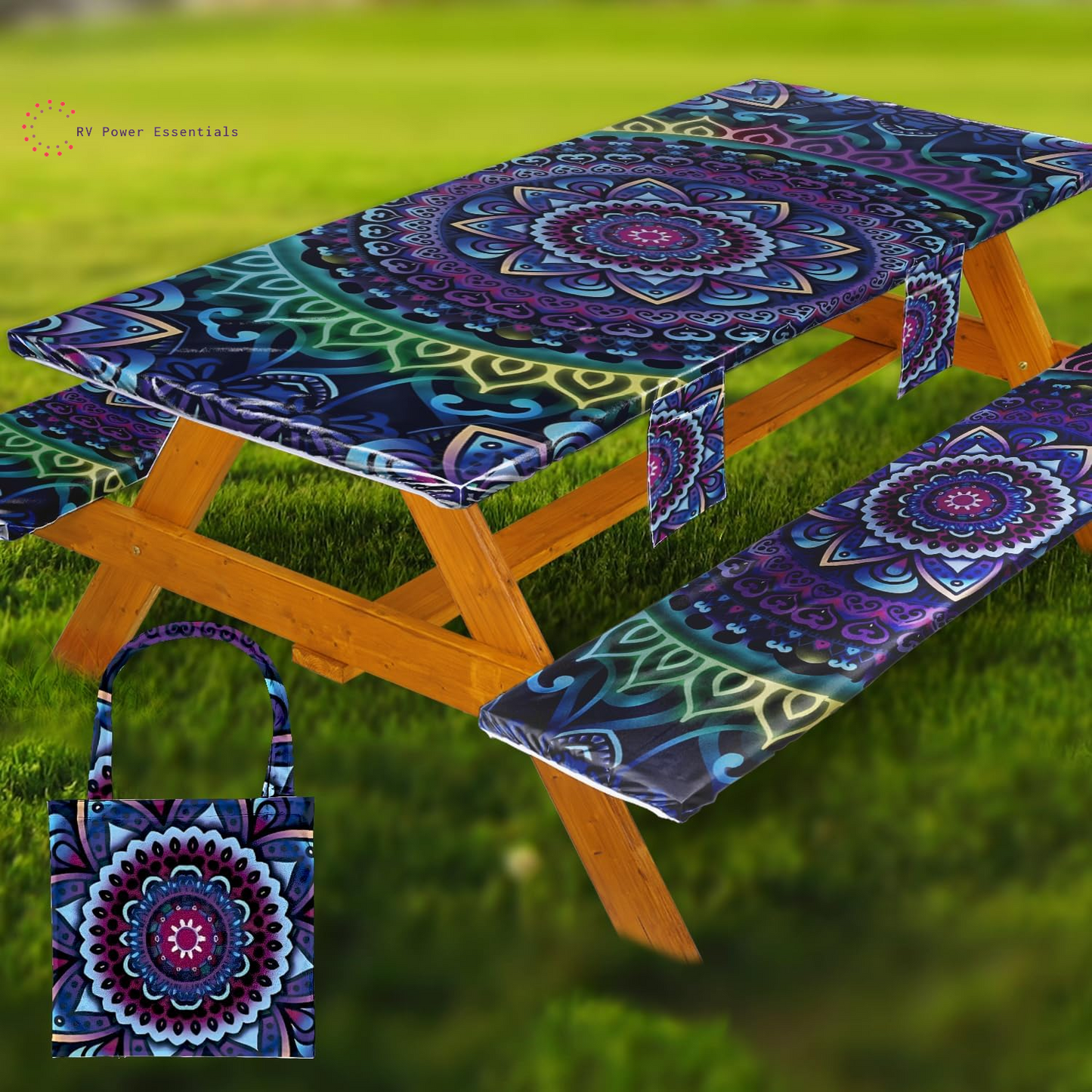 Fitted Waterproof Vinyl Picnic Table & Bench Cover Set – Elastic Edge, Spill-Proof, Easy-Clean Design | Perfect for RV Trips, Camping, Tailgates & Outdoor Adventures