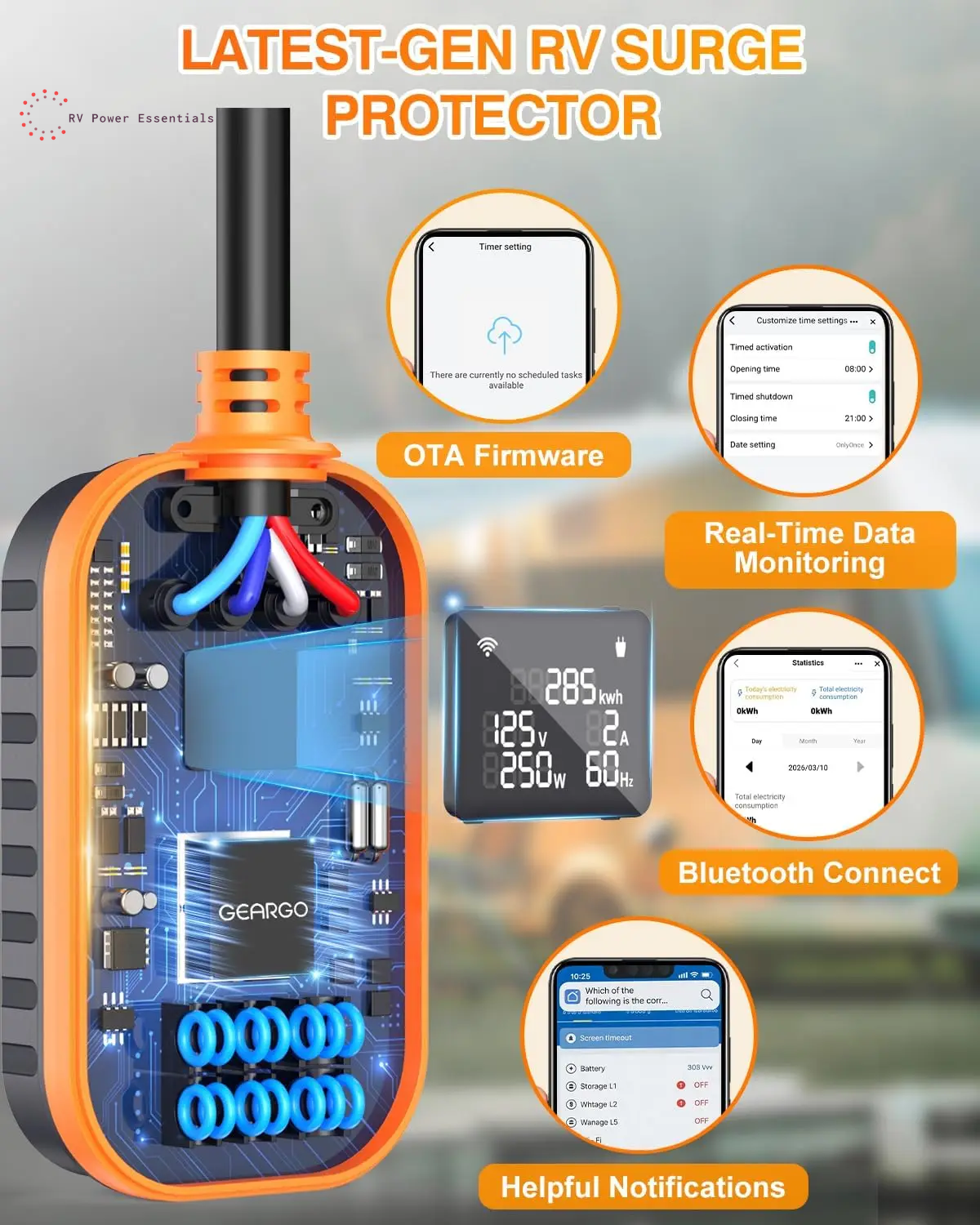 2026 New-Gen RV Surge Protector 30 Amp with Bluetooth & APP, 15000J Circuit Analyzer with Large LED Screen, Real-Time Monitoring, IP68 Waterproof with Protective Cover for RV Camper Travel Trailer