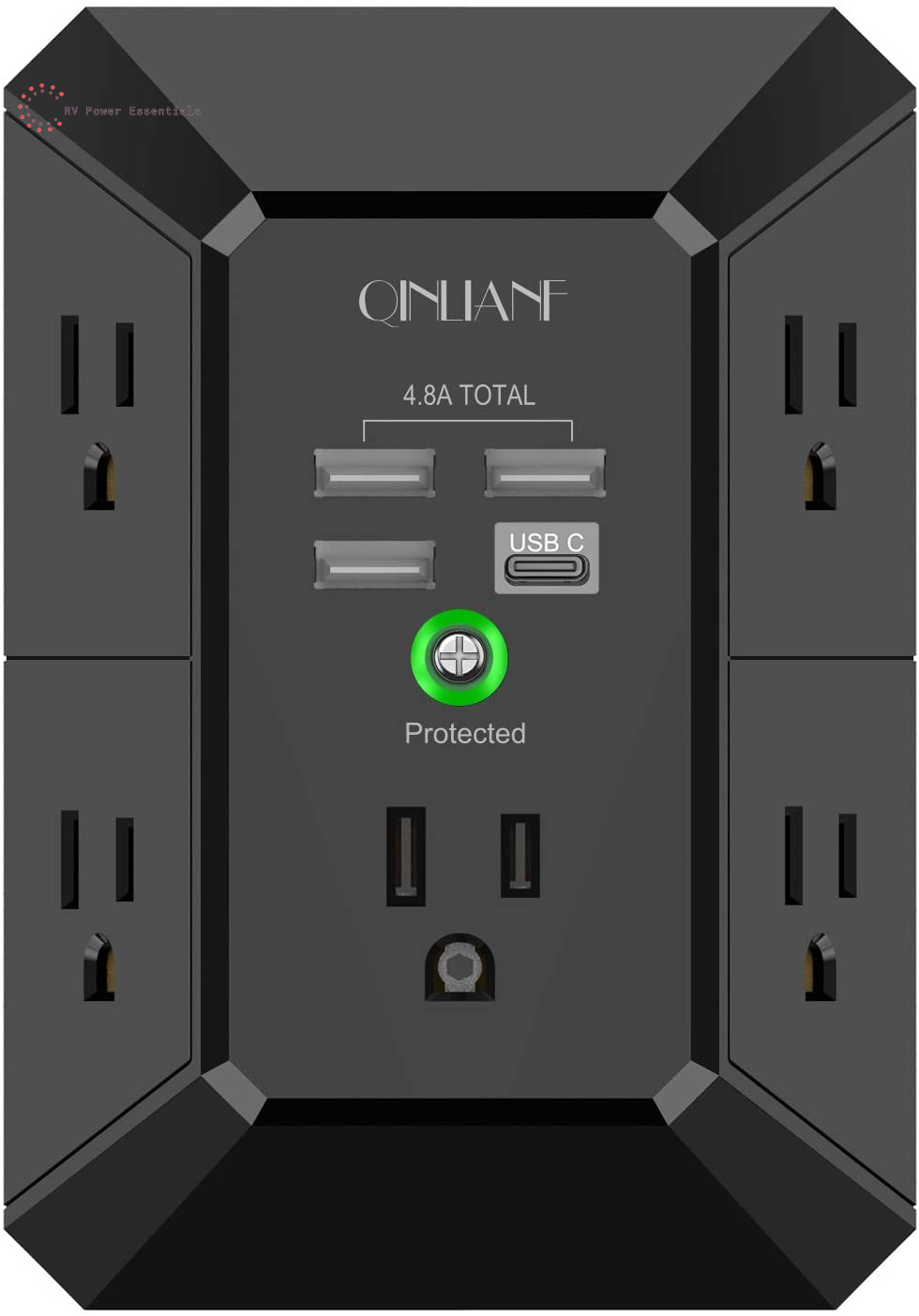 QINLIANF 5-Outlet Surge Protector with 4 USB Ports (4.8A Total), 3-Sided Power Strip, 1680J, Multi Plug Adapter for Home, Travel, Office (3U1C)