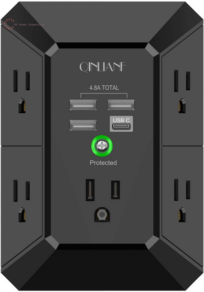 QINLIANF 5-Outlet Surge Protector with 4 USB Ports (4.8A Total), 3-Sided Power Strip, 1680J, Multi Plug Adapter for Home, Travel, Office (3U1C)