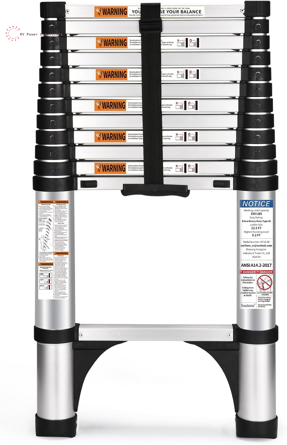 Telescoping Ladder, Soctone 12.5 FT Aluminum Lightweight Extension Ladder with 2 Triangle Stabilizers, Heavy Duty 330Lbs Max Capacity, Multi-Purpose Collapsible Ladder for RV or Outdoor Work