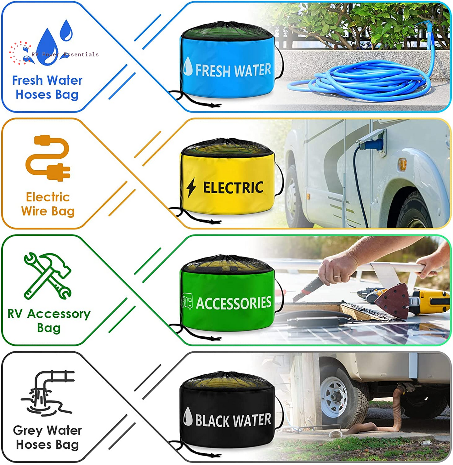 ERKOON 4-Pack Waterproof RV Hose Storage Bags — For Sewer, Fresh Water, Accessories & Power Cords
