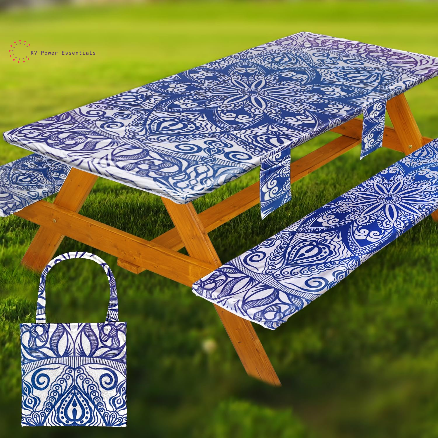 Fitted Waterproof Vinyl Picnic Table & Bench Cover Set – Elastic Edge, Spill-Proof, Easy-Clean Design | Perfect for RV Trips, Camping, Tailgates & Outdoor Adventures