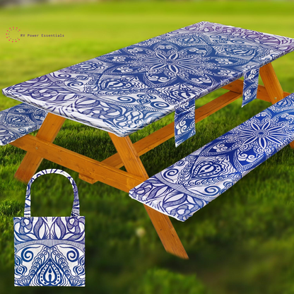 Fitted Waterproof Vinyl Picnic Table & Bench Cover Set – Elastic Edge, Spill-Proof, Easy-Clean Design | Perfect for RV Trips, Camping, Tailgates & Outdoor Adventures