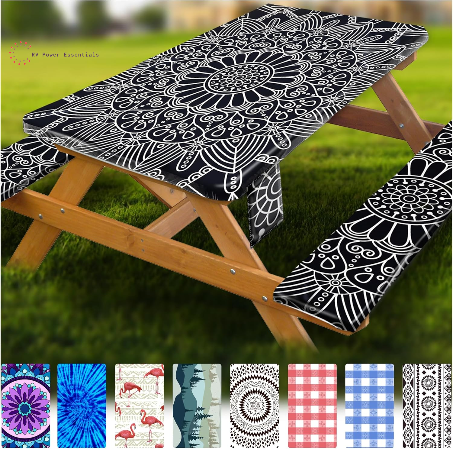 Fitted Waterproof Vinyl Picnic Table & Bench Cover Set – Elastic Edge, Spill-Proof, Easy-Clean Design | Perfect for RV Trips, Camping, Tailgates & Outdoor Adventures