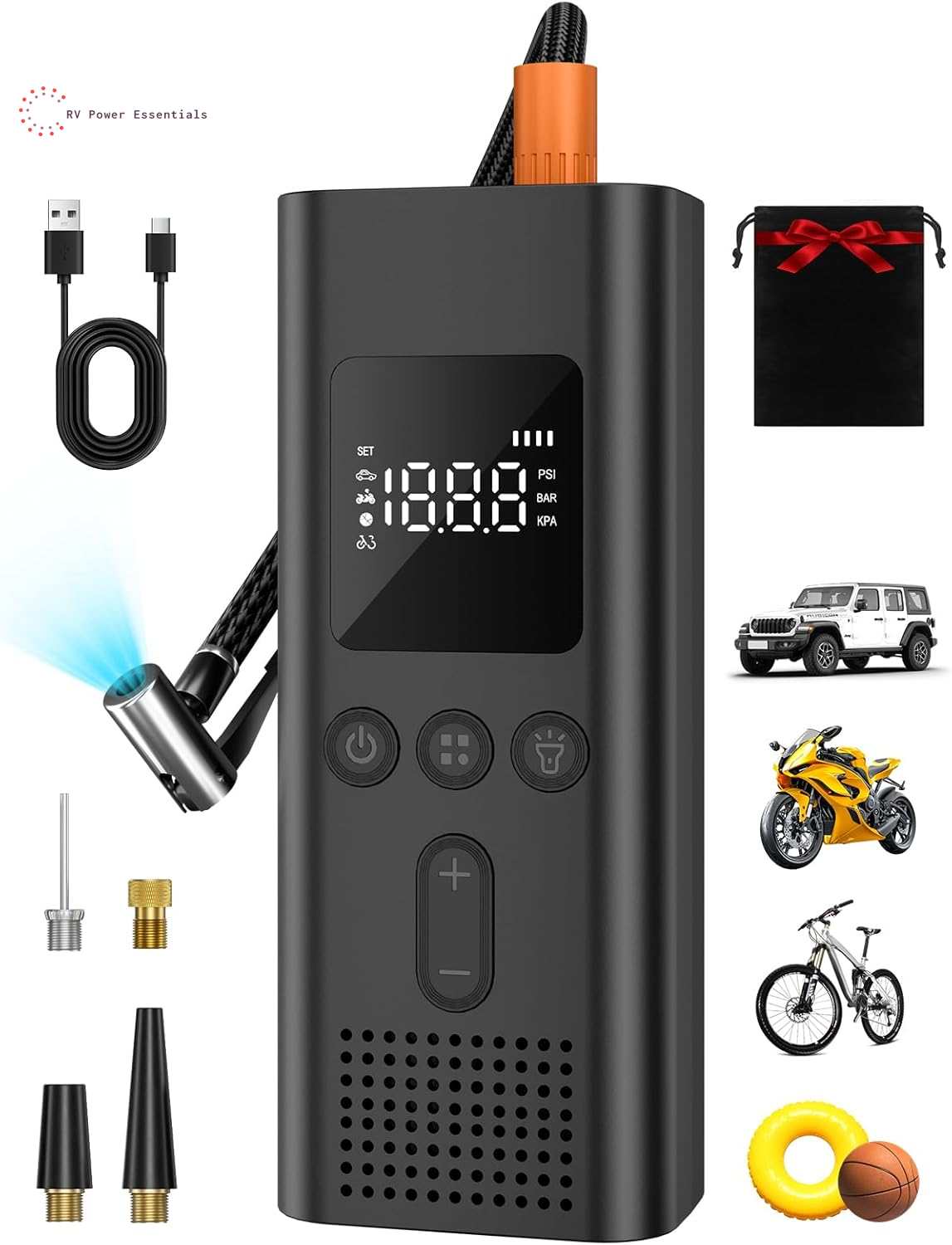 AIRSURE 150 PSI Cordless Tire Inflator – Portable Air Compressor for RVs, Campers & Outdoor Adventures | Fast Rechargeable Pump with LED Light & Auto Shut-Off