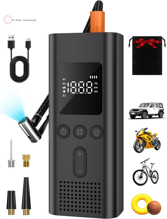 AIRSURE 150 PSI Cordless Tire Inflator – Portable Air Compressor for RVs, Campers & Outdoor Adventures | Fast Rechargeable Pump with LED Light & Auto Shut-Off