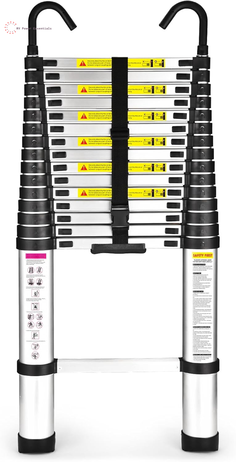 Telescoping Ladder, Soctone 12.5 FT Aluminum Lightweight Extension Ladder with 2 Triangle Stabilizers, Heavy Duty 330Lbs Max Capacity, Multi-Purpose Collapsible Ladder for RV or Outdoor Work