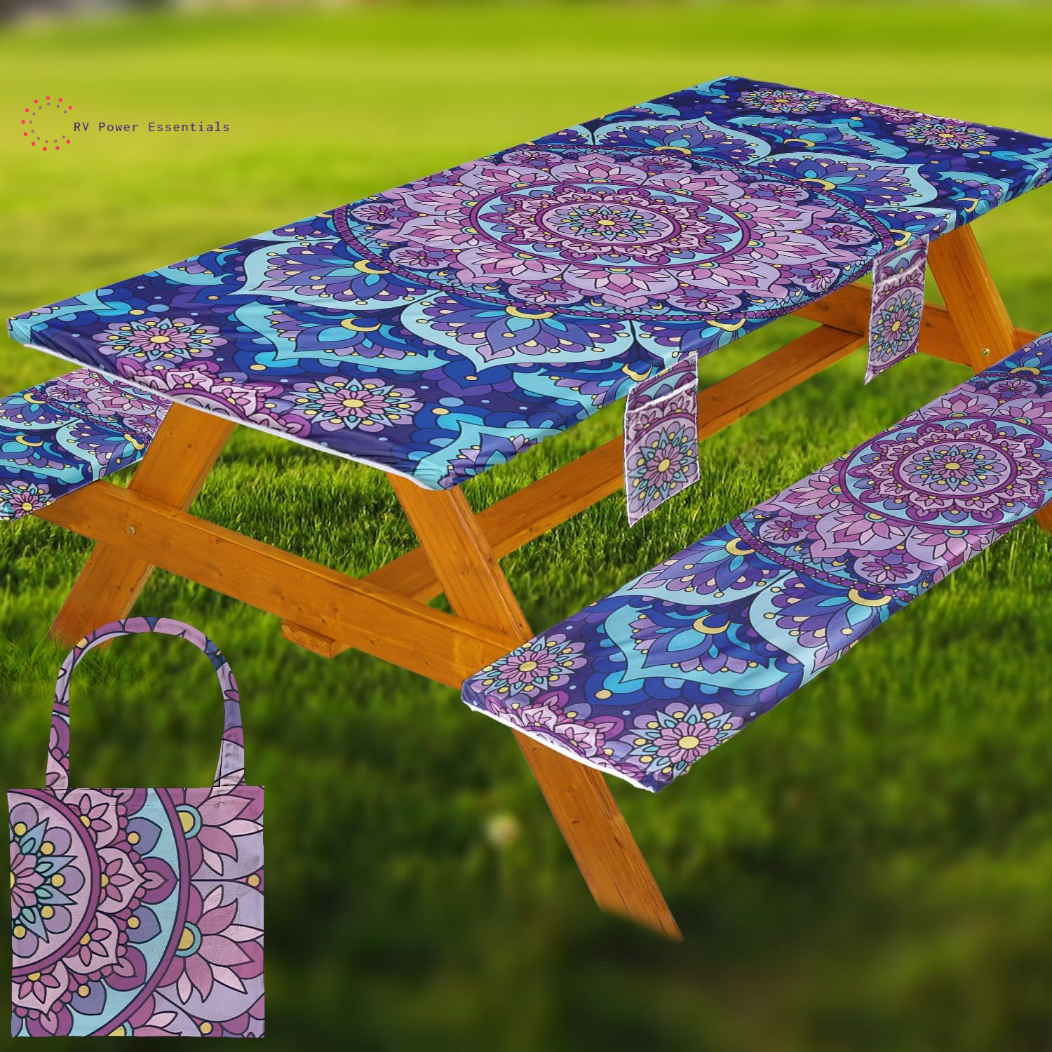 Fitted Waterproof Vinyl Picnic Table & Bench Cover Set – Elastic Edge, Spill-Proof, Easy-Clean Design | Perfect for RV Trips, Camping, Tailgates & Outdoor Adventures
