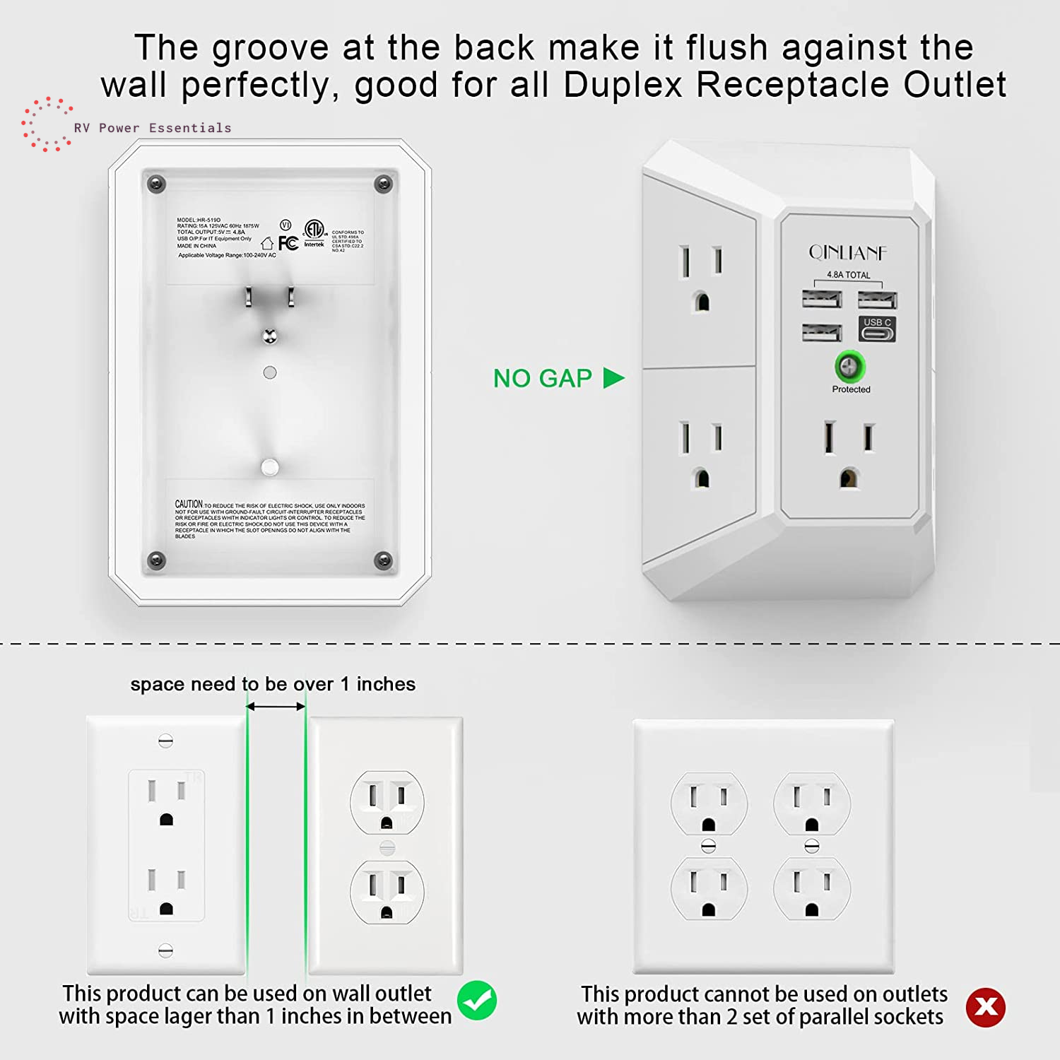 QINLIANF 5-Outlet Surge Protector with 4 USB Ports (4.8A Total), 3-Sided Power Strip, 1680J, Multi Plug Adapter for Home, Travel, Office (3U1C)
