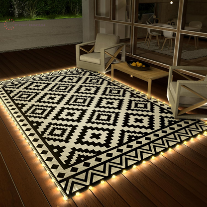 HAUSHOF 5’X8’ Outdoor Rug with LED Strip Light, Waterproof Reversible Patio Rug with 4 Stakes for RV, Camping, Beach, Porch & Balcony, Black & White