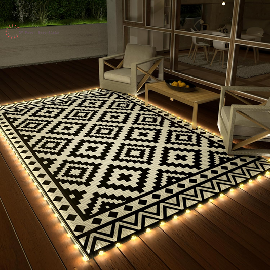 HAUSHOF 5’X8’ Outdoor Rug with LED Strip Light, Waterproof Reversible Patio Rug with 4 Stakes for RV, Camping, Beach, Porch & Balcony, Black & White