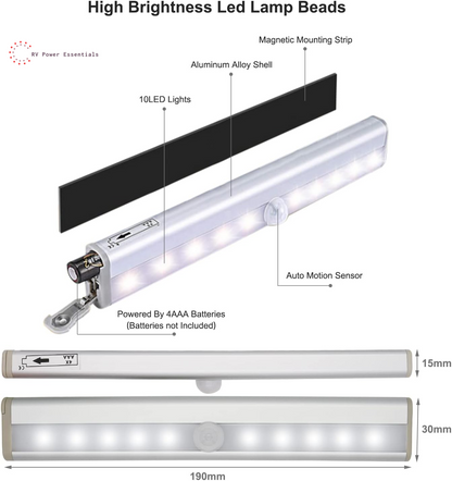 Motion Activated RV Step Lights – 10 LED Battery-Operated Motion Sensor Light Bar for Motorhomes, Travel Trailers & Campers (2 Pack)