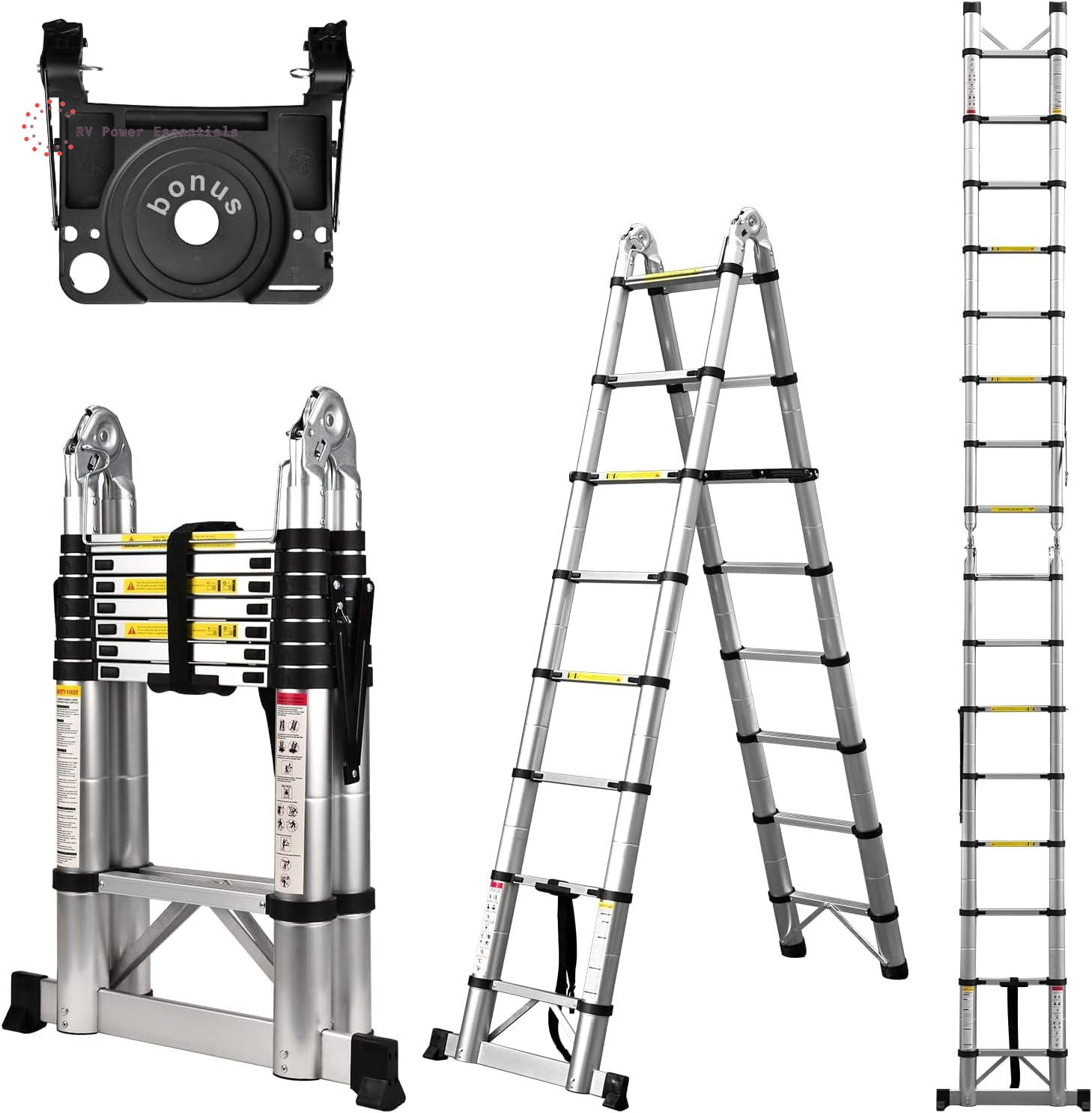 Telescoping Ladder, Soctone 12.5 FT Aluminum Lightweight Extension Ladder with 2 Triangle Stabilizers, Heavy Duty 330Lbs Max Capacity, Multi-Purpose Collapsible Ladder for RV or Outdoor Work