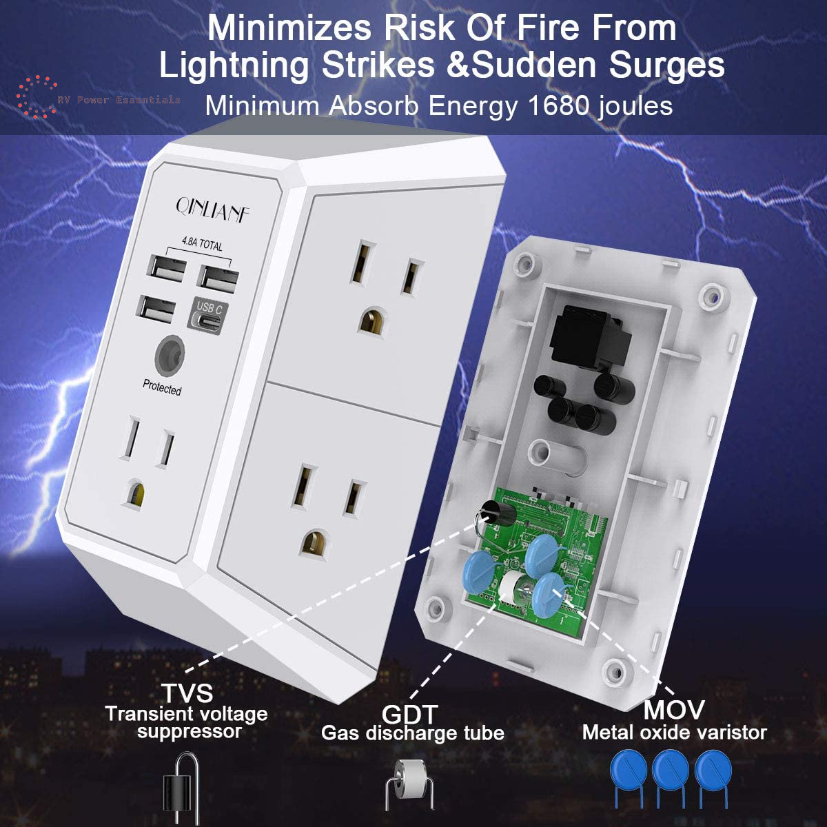 QINLIANF 5-Outlet Surge Protector with 4 USB Ports (4.8A Total), 3-Sided Power Strip, 1680J, Multi Plug Adapter for Home, Travel, Office (3U1C)