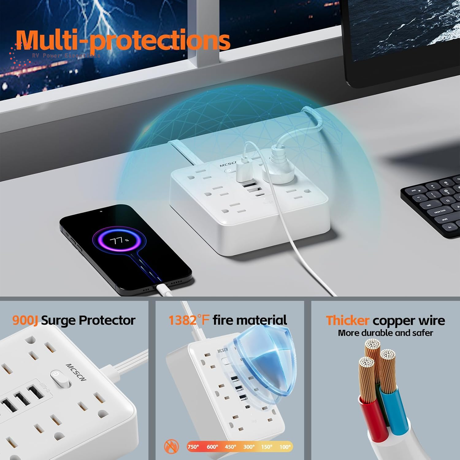 Portable Ultra Thin Flat Plug Surge Overload Protector Power Strip 5Ft Extension Cord with 6 AC Power Outlets 4 USB (1C) for Home Office Dorm Travel Essentials Fire and Reach 15A 1875W UL