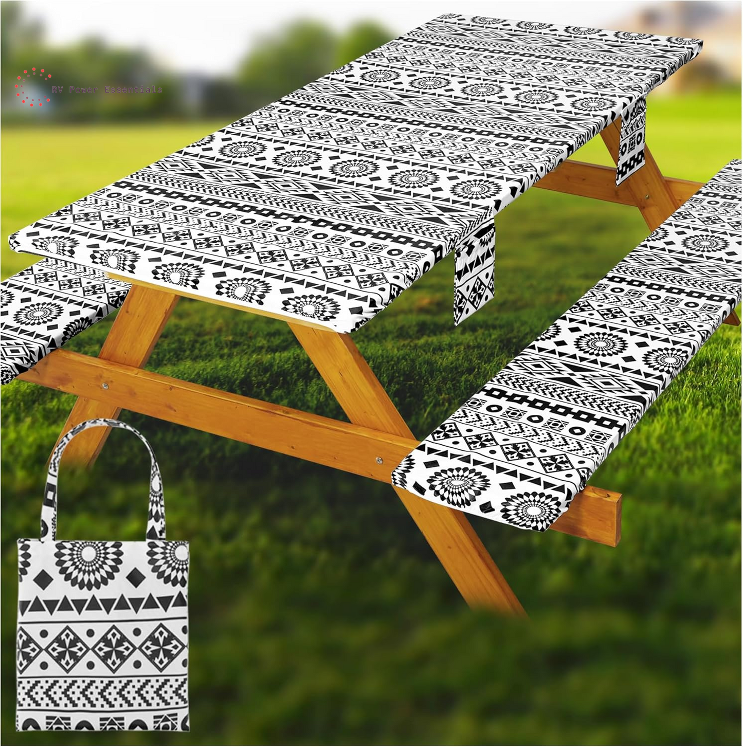 Fitted Waterproof Vinyl Picnic Table & Bench Cover Set – Elastic Edge, Spill-Proof, Easy-Clean Design | Perfect for RV Trips, Camping, Tailgates & Outdoor Adventures