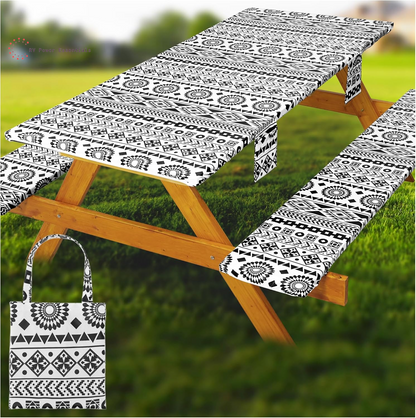 Fitted Waterproof Vinyl Picnic Table & Bench Cover Set – Elastic Edge, Spill-Proof, Easy-Clean Design | Perfect for RV Trips, Camping, Tailgates & Outdoor Adventures