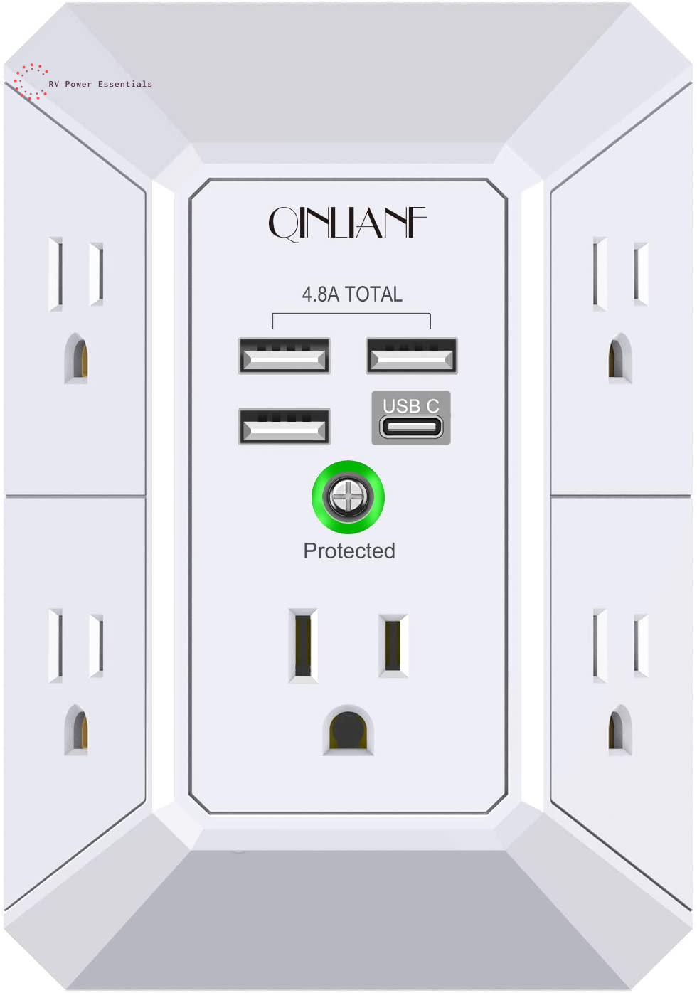 QINLIANF 5-Outlet Surge Protector with 4 USB Ports (4.8A Total), 3-Sided Power Strip, 1680J, Multi Plug Adapter for Home, Travel, Office (3U1C)