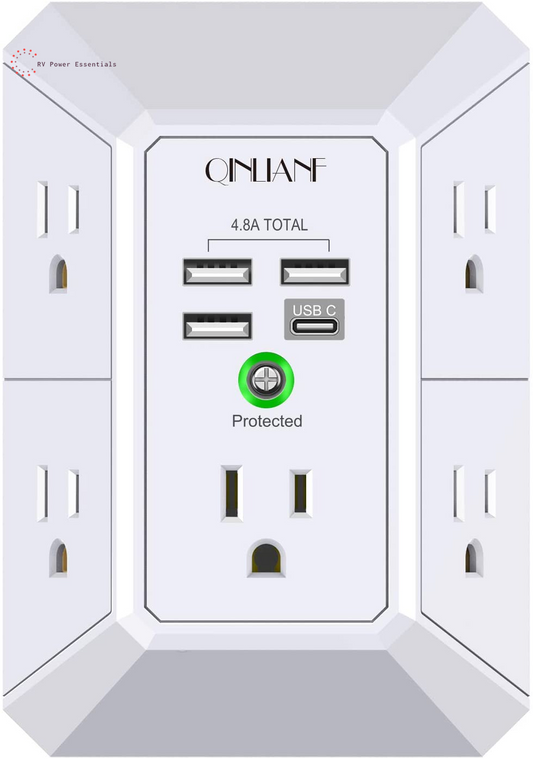 QINLIANF 5-Outlet Surge Protector with 4 USB Ports (4.8A Total), 3-Sided Power Strip, 1680J, Multi Plug Adapter for Home, Travel, Office (3U1C)