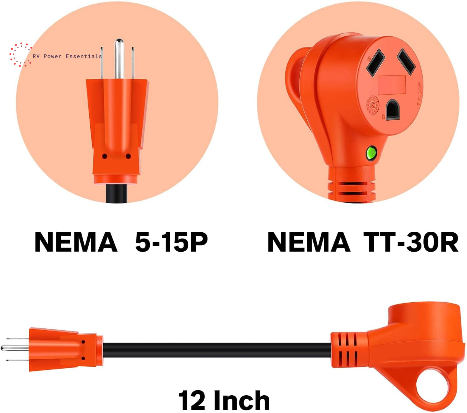 15A Household Plug to 30A RV Adapter Cord — 12-Inch NEMA 5-15P to TT-30R Dogbone with LED Indicator