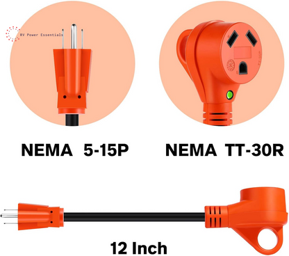 15A Household Plug to 30A RV Adapter Cord — 12-Inch NEMA 5-15P to TT-30R Dogbone with LED Indicator