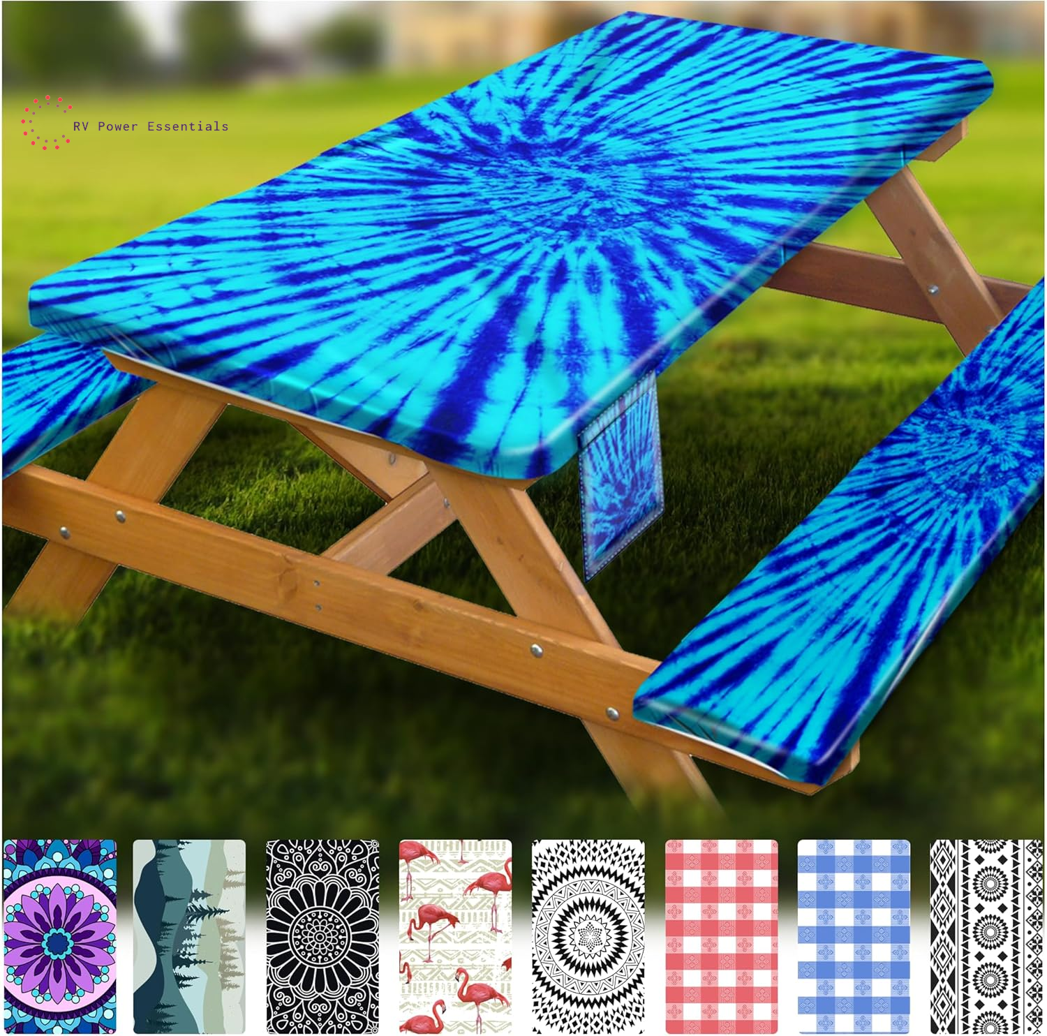 Fitted Waterproof Vinyl Picnic Table & Bench Cover Set – Elastic Edge, Spill-Proof, Easy-Clean Design | Perfect for RV Trips, Camping, Tailgates & Outdoor Adventures