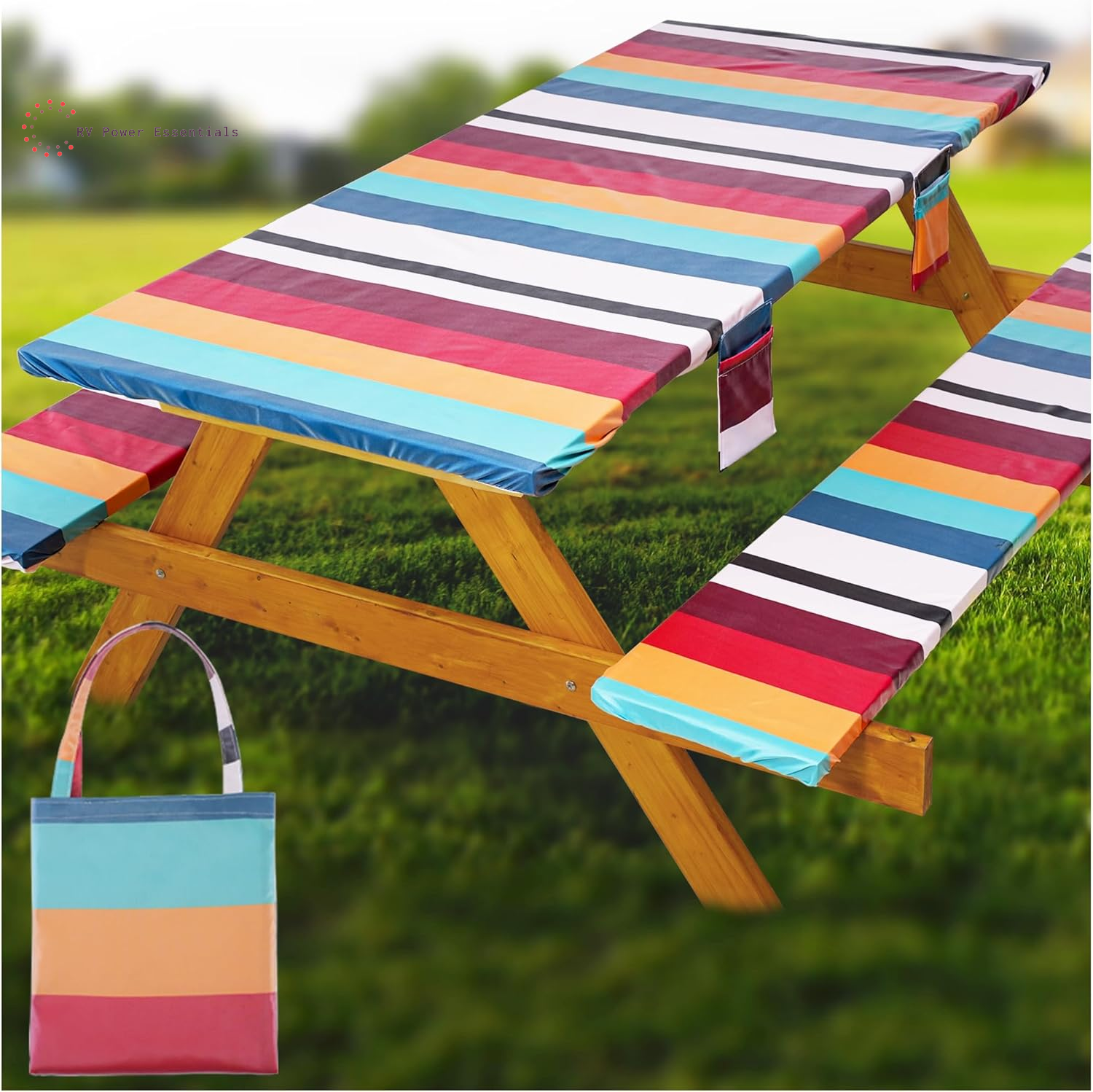 Fitted Waterproof Vinyl Picnic Table & Bench Cover Set – Elastic Edge, Spill-Proof, Easy-Clean Design | Perfect for RV Trips, Camping, Tailgates & Outdoor Adventures