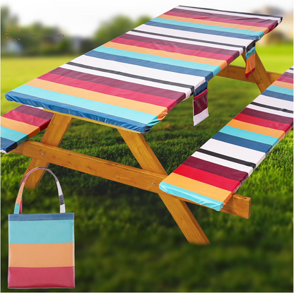 Fitted Waterproof Vinyl Picnic Table & Bench Cover Set – Elastic Edge, Spill-Proof, Easy-Clean Design | Perfect for RV Trips, Camping, Tailgates & Outdoor Adventures