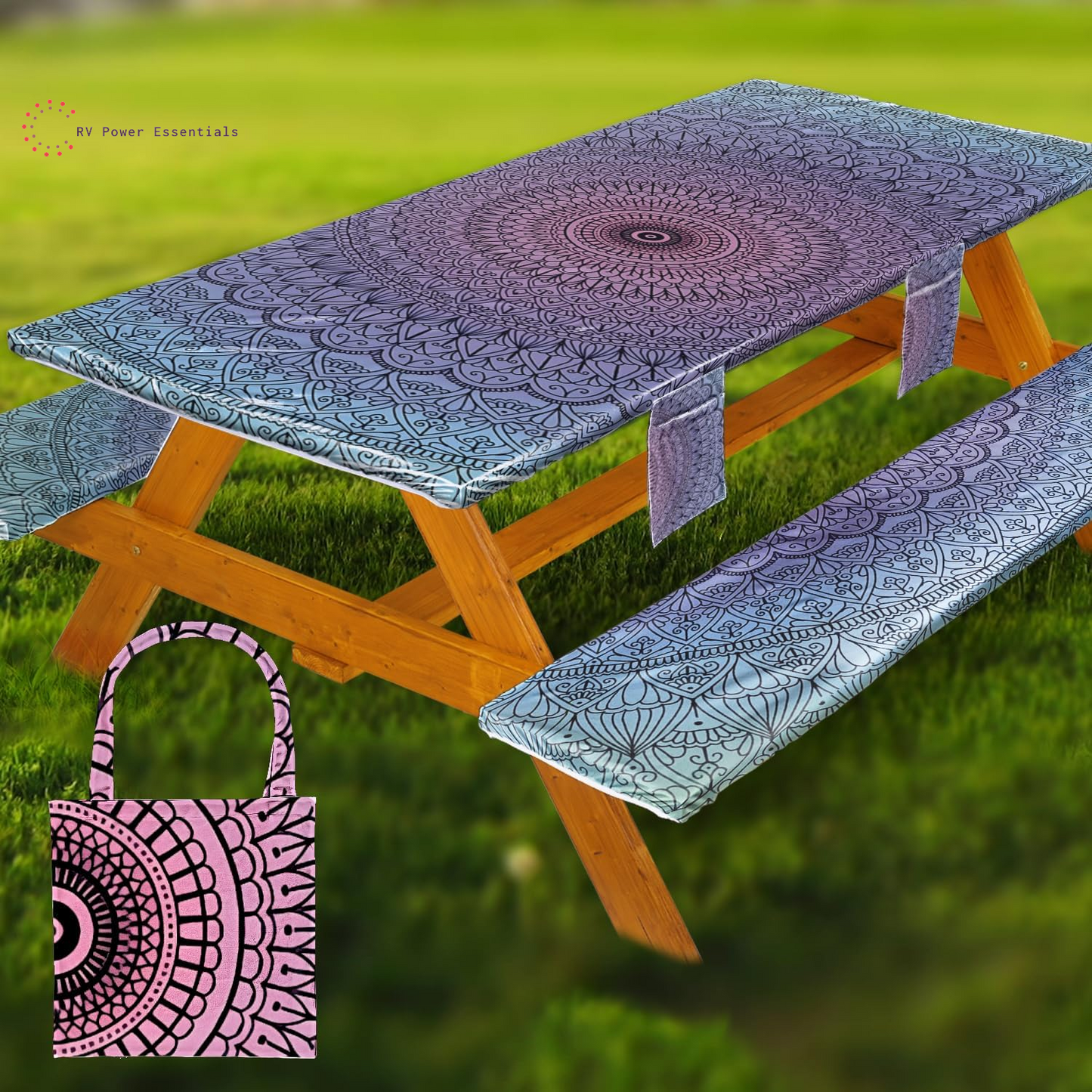 Fitted Waterproof Vinyl Picnic Table & Bench Cover Set – Elastic Edge, Spill-Proof, Easy-Clean Design | Perfect for RV Trips, Camping, Tailgates & Outdoor Adventures
