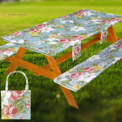 Fitted Waterproof Vinyl Picnic Table & Bench Cover Set – Elastic Edge, Spill-Proof, Easy-Clean Design | Perfect for RV Trips, Camping, Tailgates & Outdoor Adventures