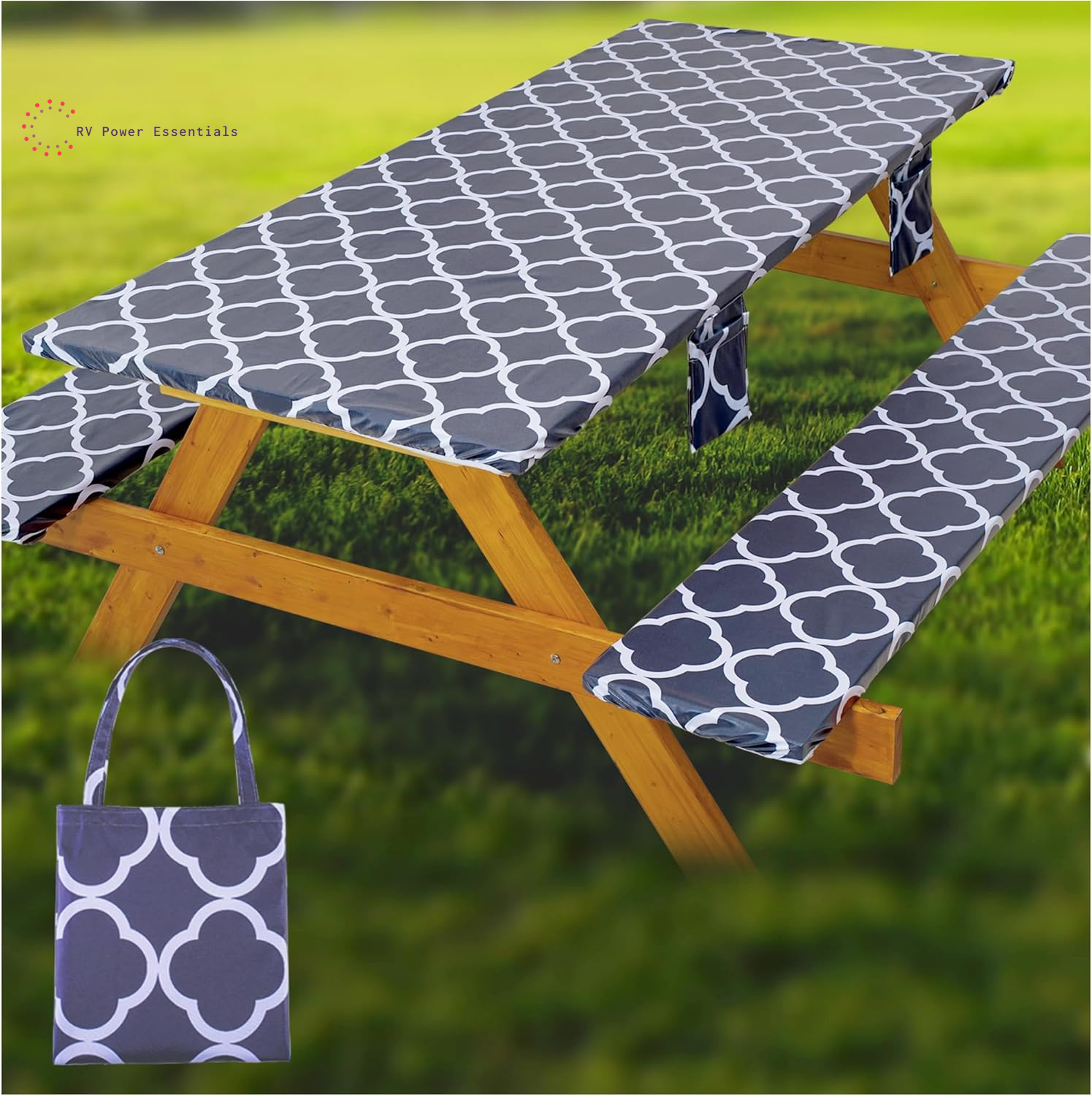 Fitted Waterproof Vinyl Picnic Table & Bench Cover Set – Elastic Edge, Spill-Proof, Easy-Clean Design | Perfect for RV Trips, Camping, Tailgates & Outdoor Adventures