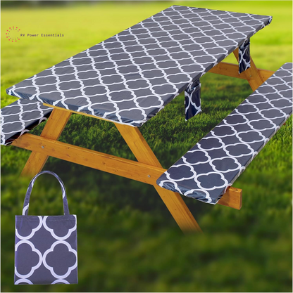 Fitted Waterproof Vinyl Picnic Table & Bench Cover Set – Elastic Edge, Spill-Proof, Easy-Clean Design | Perfect for RV Trips, Camping, Tailgates & Outdoor Adventures
