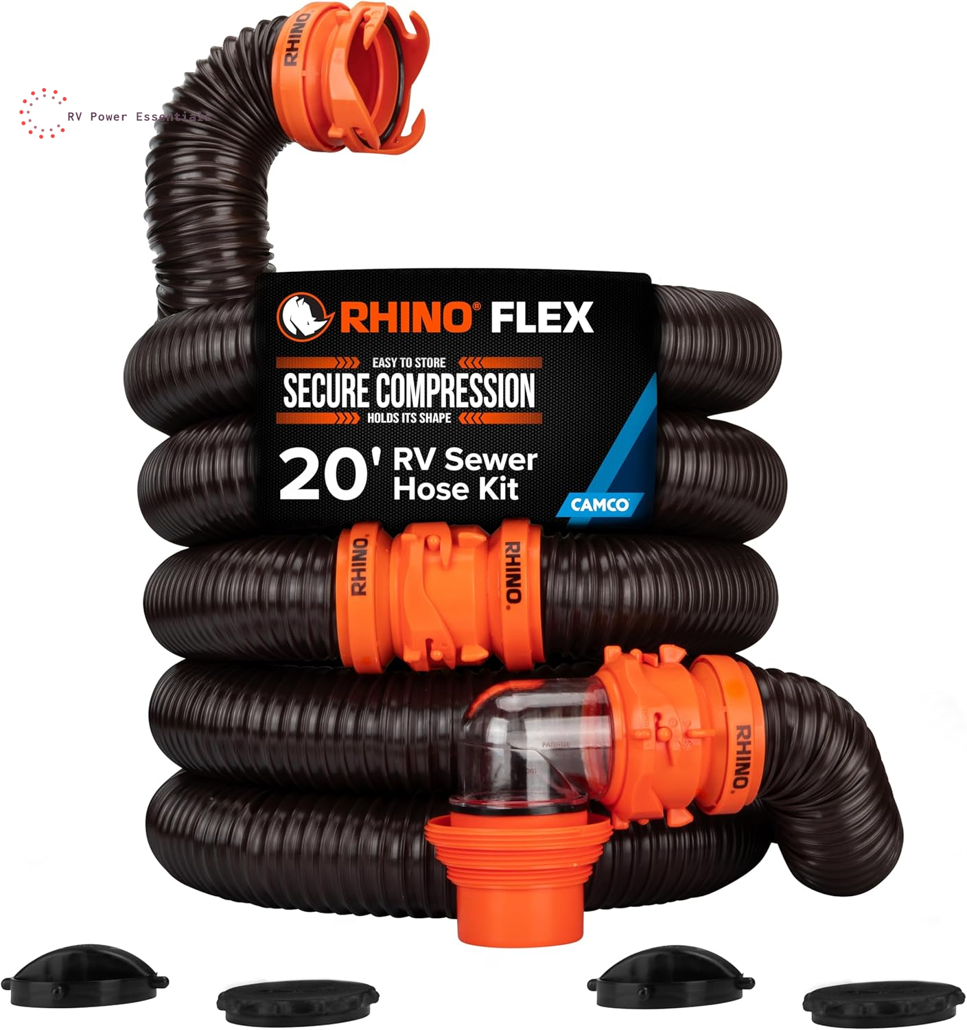 Camco RhinoFLEX 15-Foot RV Sewer Hose Kit with Clear Elbow & 4-in-1 Adapter – Heavy-Duty Flexible RV Dump Hose System