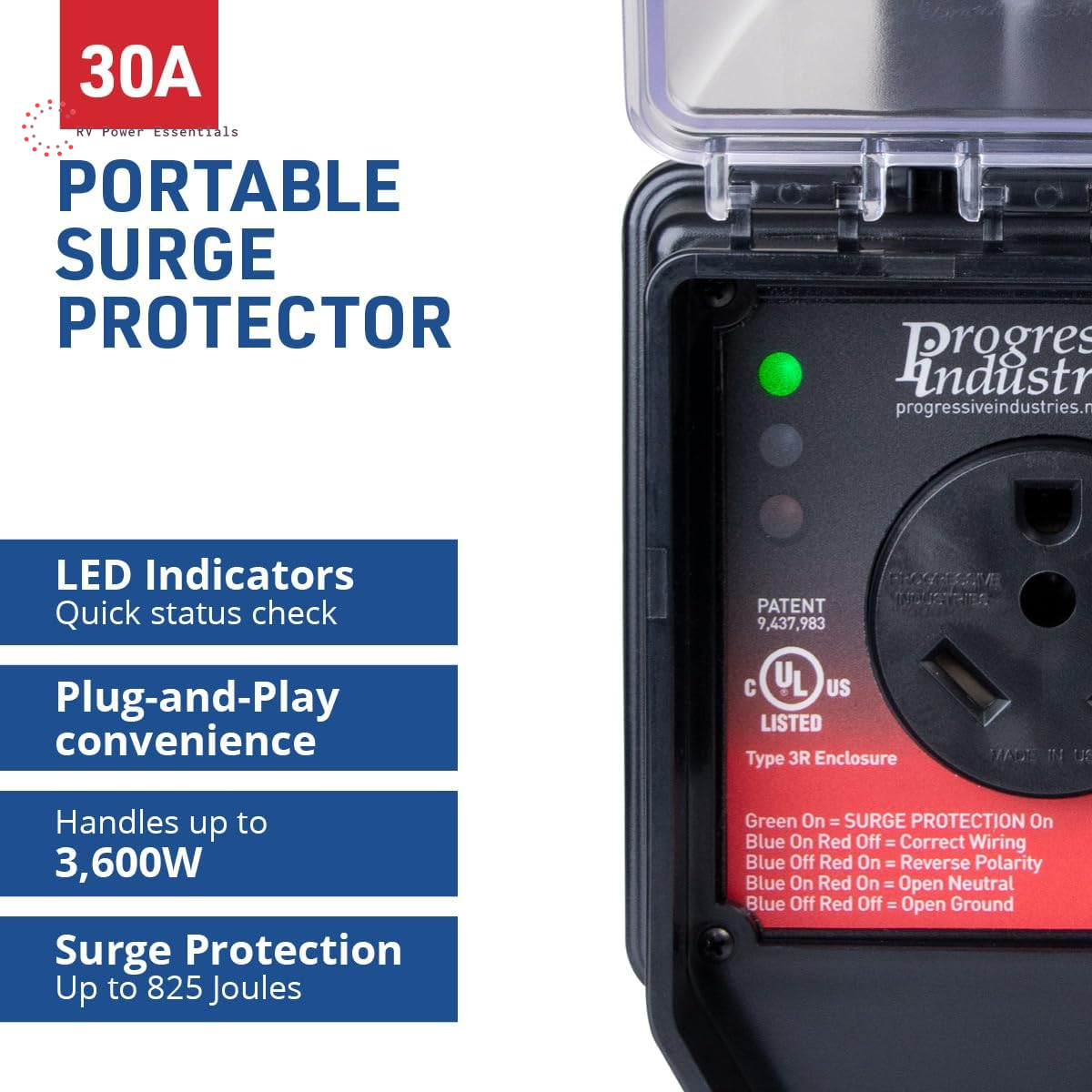 Progressive Industries SSP-30XL Portable RV Smart Surge Protector, Black, 30 Amp