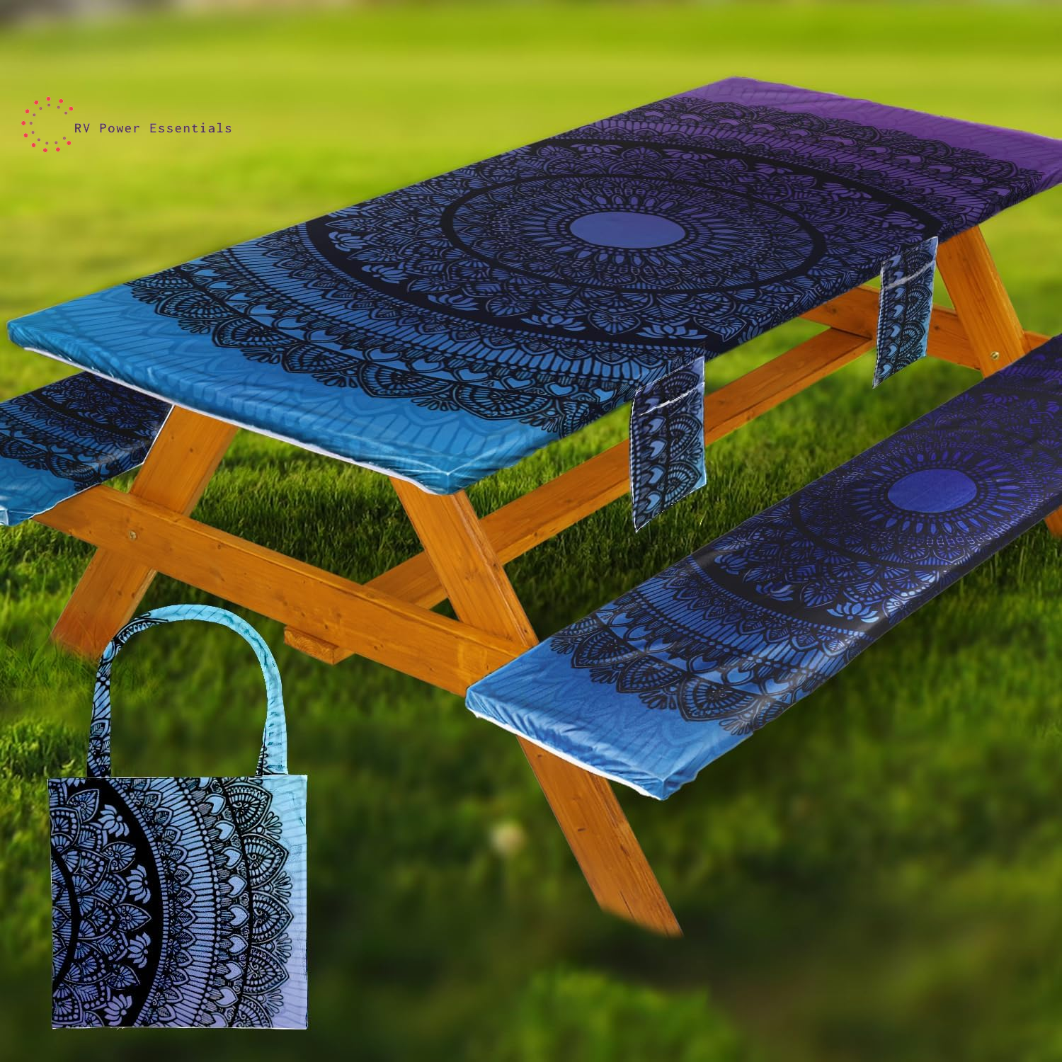Fitted Waterproof Vinyl Picnic Table & Bench Cover Set – Elastic Edge, Spill-Proof, Easy-Clean Design | Perfect for RV Trips, Camping, Tailgates & Outdoor Adventures