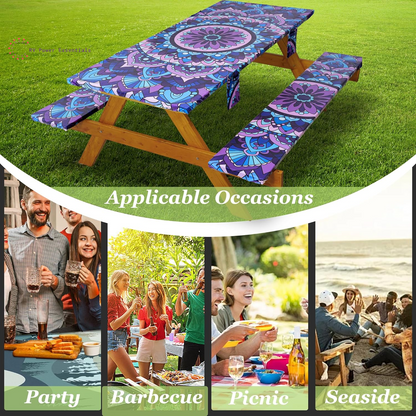 Fitted Waterproof Vinyl Picnic Table & Bench Cover Set – Elastic Edge, Spill-Proof, Easy-Clean Design | Perfect for RV Trips, Camping, Tailgates & Outdoor Adventures